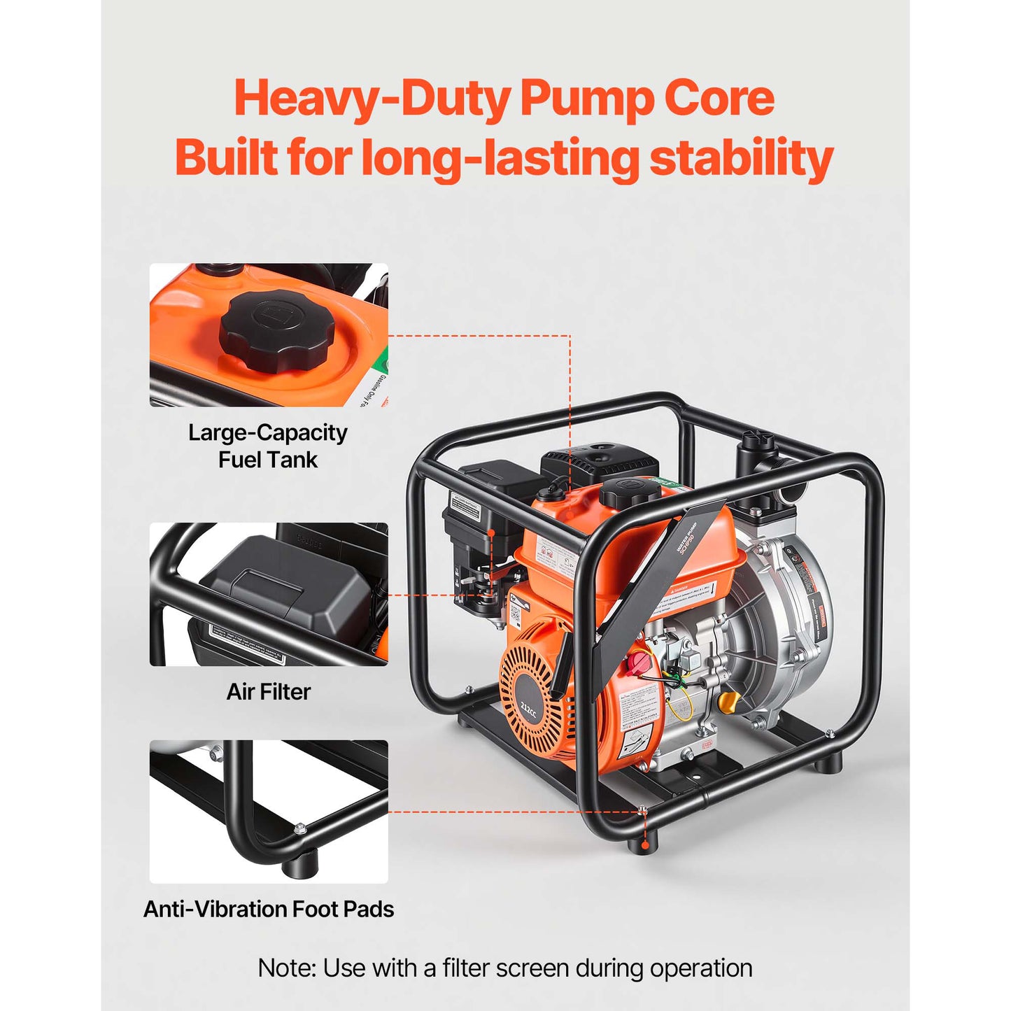 Gas Powered Water Pump 2-Inch 128 GPM 6HP Semi Trash Transfer Pump Portable