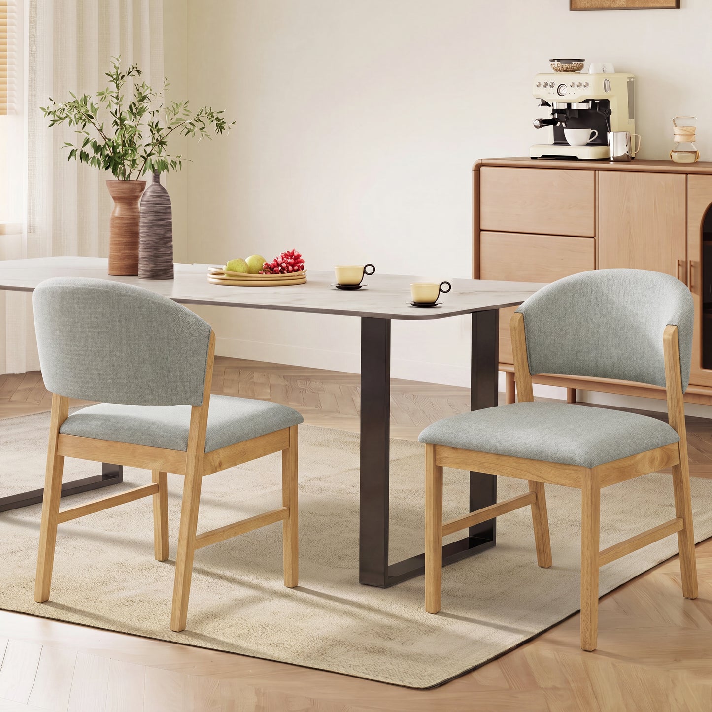 Set of 2 Mid-Century Modern Upholstered Dining Chairs - Grayish Green & Natural Oak
