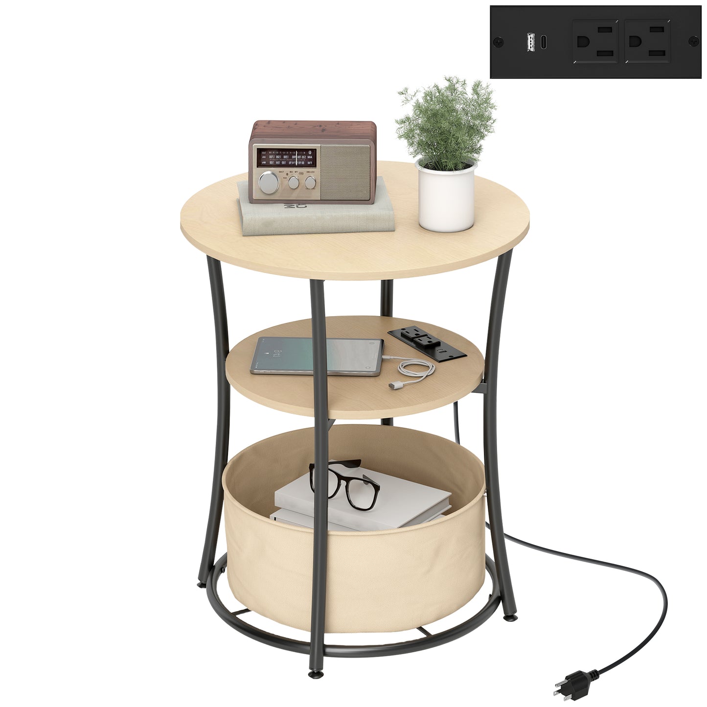 Round End Table with Charging Station & Fabric Storage Bag - Natural Wood