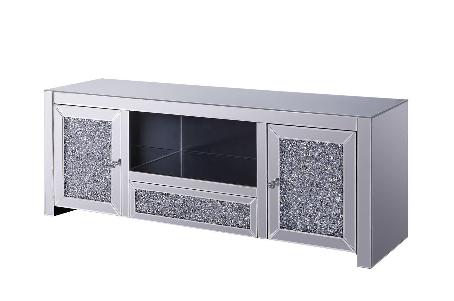 Mirrored Faux Diamonds TV Stand - Assembled, Silver Finish