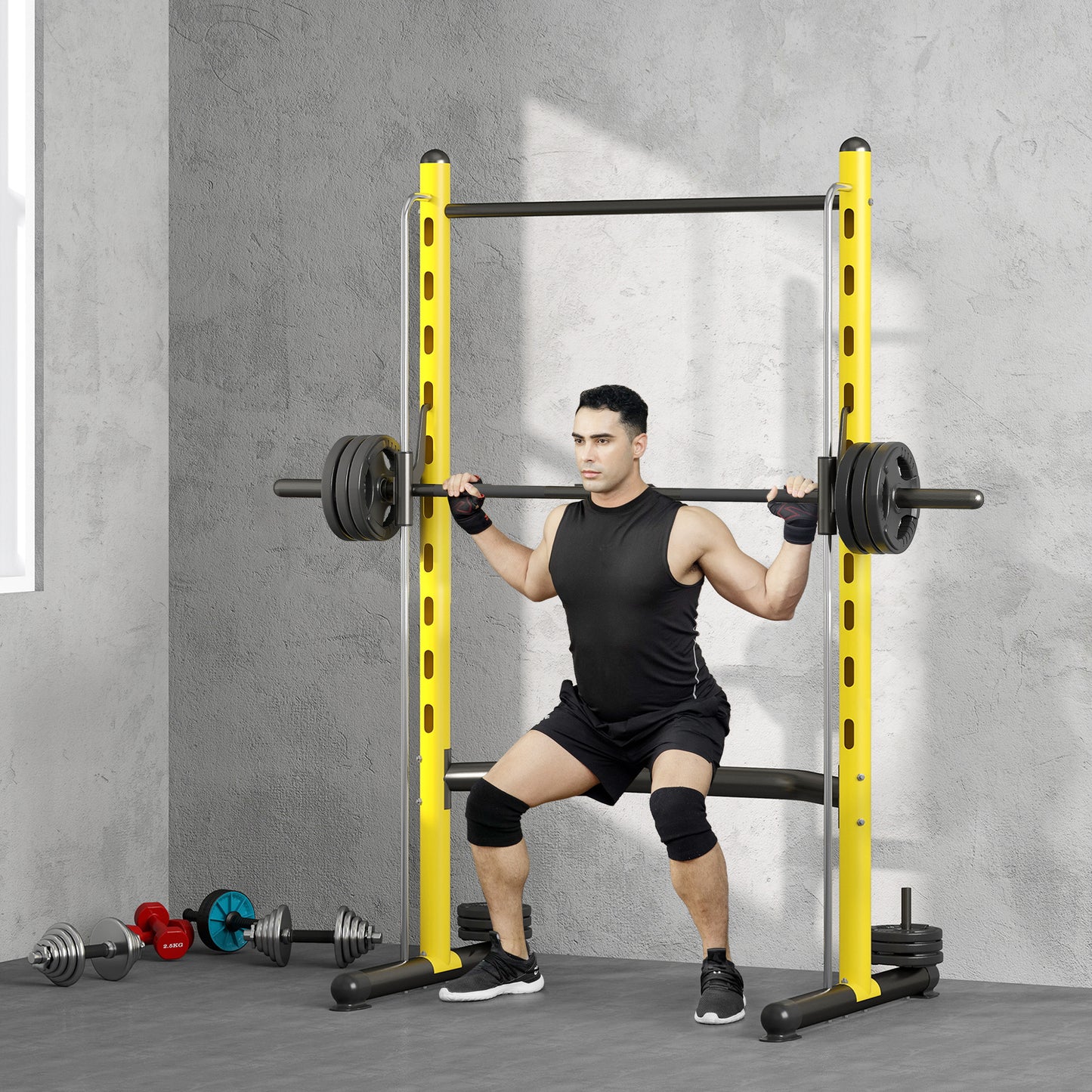 Adjustable Squat Rack with Pull-Up Bar & Bench Press - Yellow