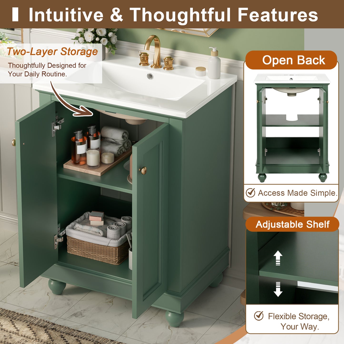 24 Inch Green Modern Bathroom Vanity Cabinet with Soft-Closing Storage