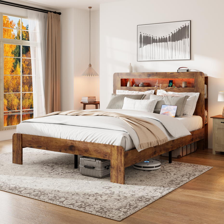Queen Wood Bed Frame with LED Headboard, USB Ports & Storage