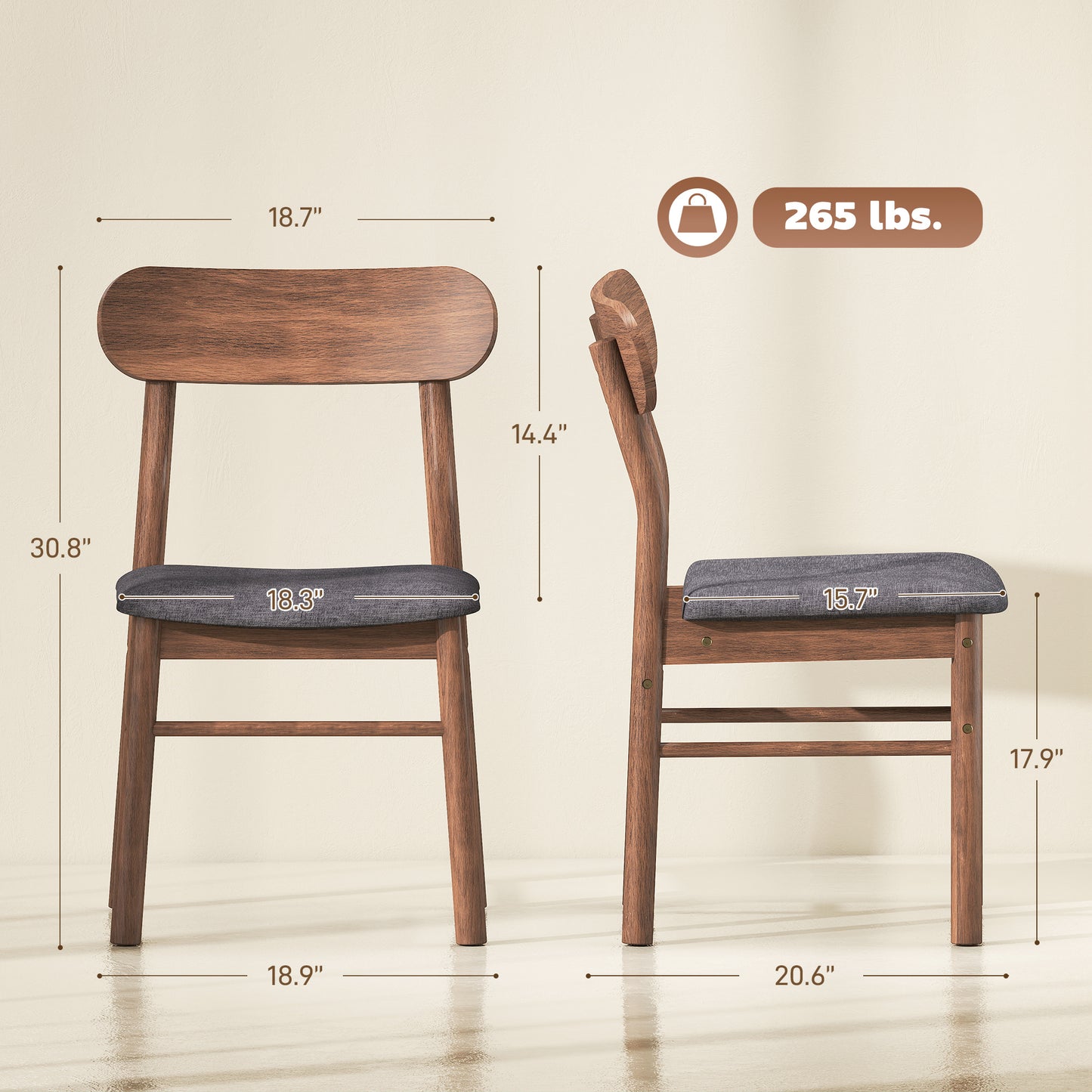 Set of 2 Dining Chairs, Upholstered Room Chairs with Rubberwood Legs