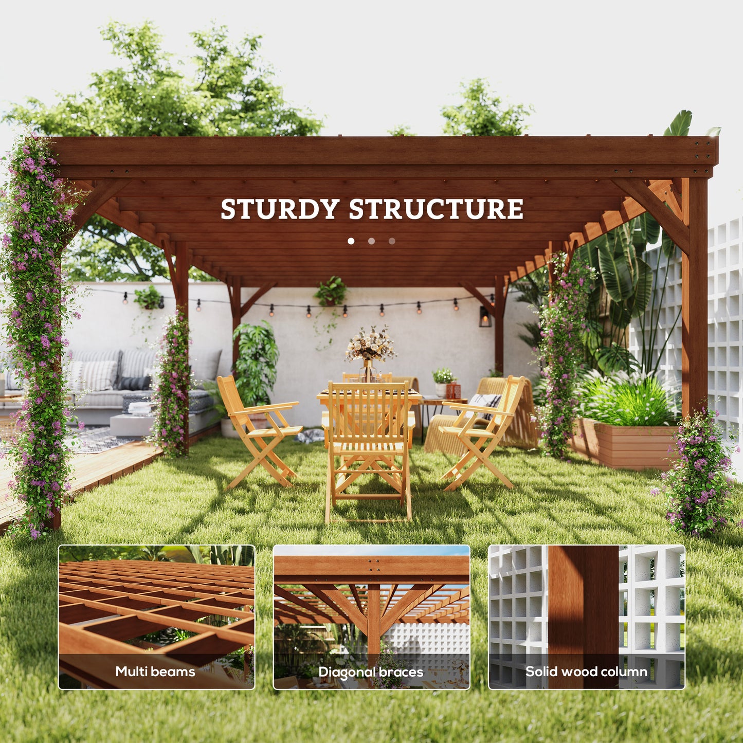 Outdoor Wooden Pergola - 12x20 ft Brown Garden Gazebo