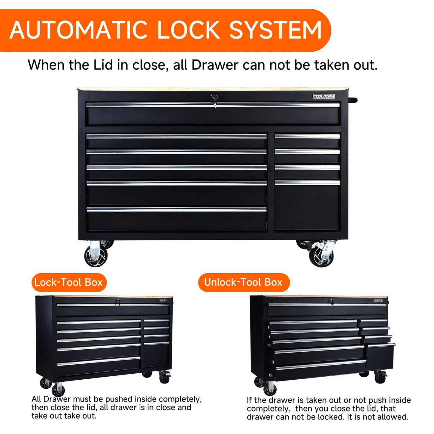 56-Inch 10-Drawer Steel Tool Cabinet with Locking Casters and Power Strip