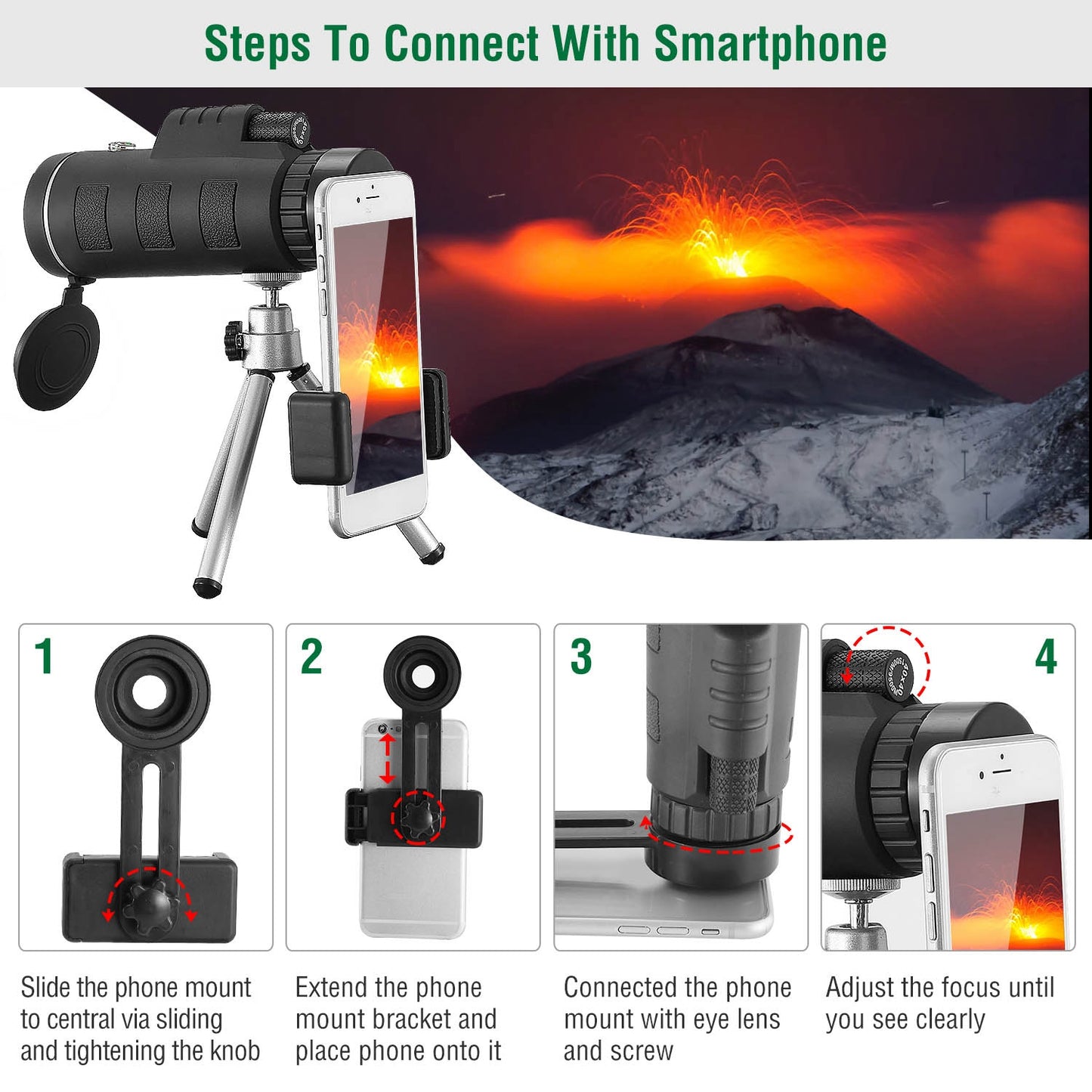 40x40 HD Monocular Telescope with Tripod & Phone Holder - Black
