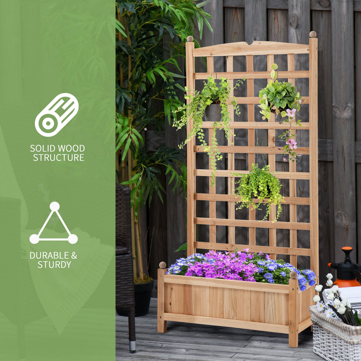 Wooden Raised Garden Bed with Trellis - Outdoor Planter Box for Climbing Vines and Flowers, 24 x 12 x 49 Inches