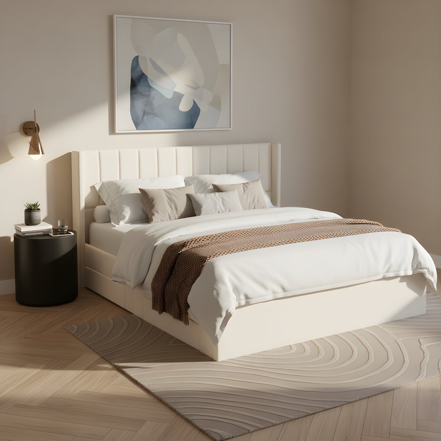 Upholstered Storage Bed with Drawers - King Size, Beige