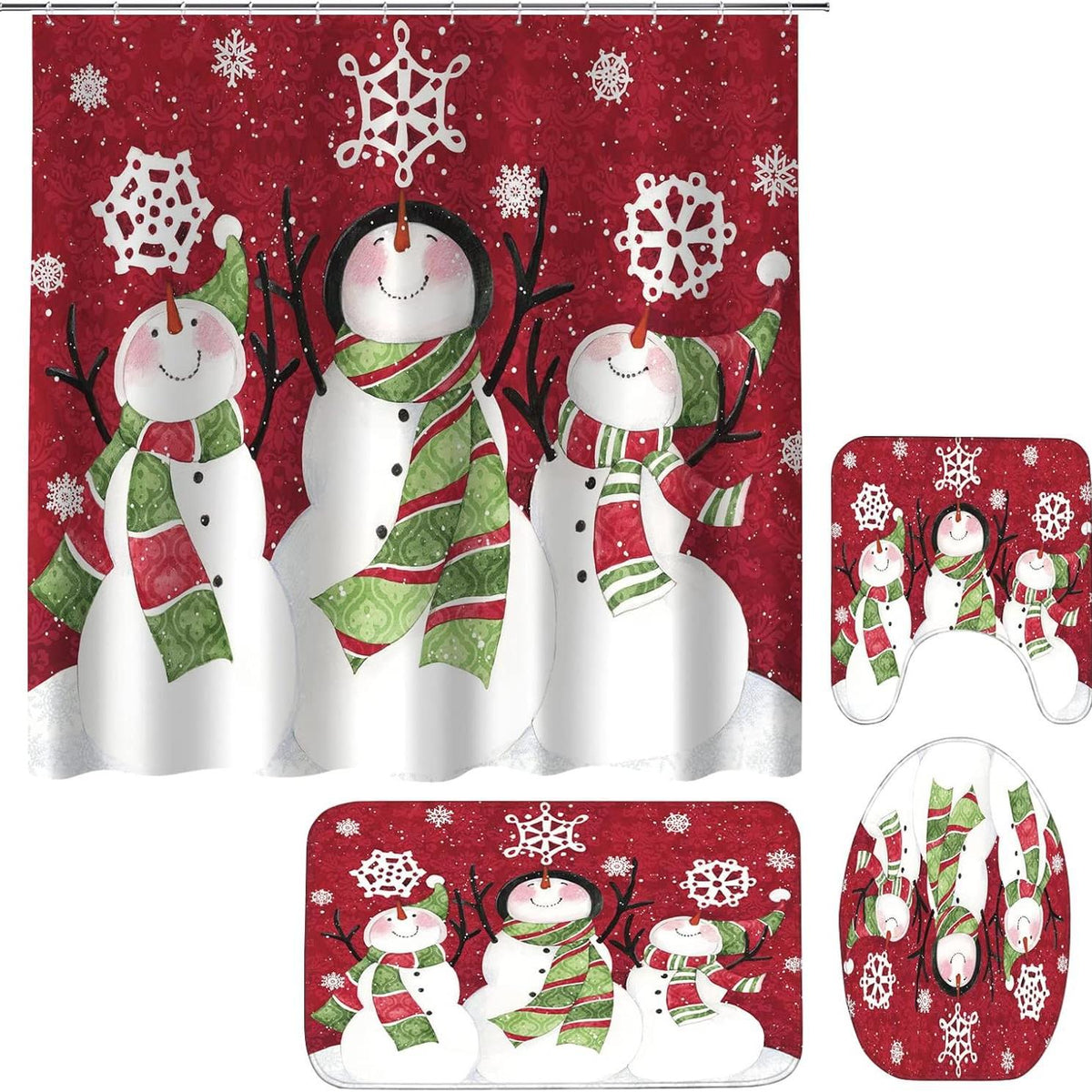 Christmas Shower Curtain Set with Non-slip Bath Mat and Toilet Lid Cover - Snowman Snowflake Decor