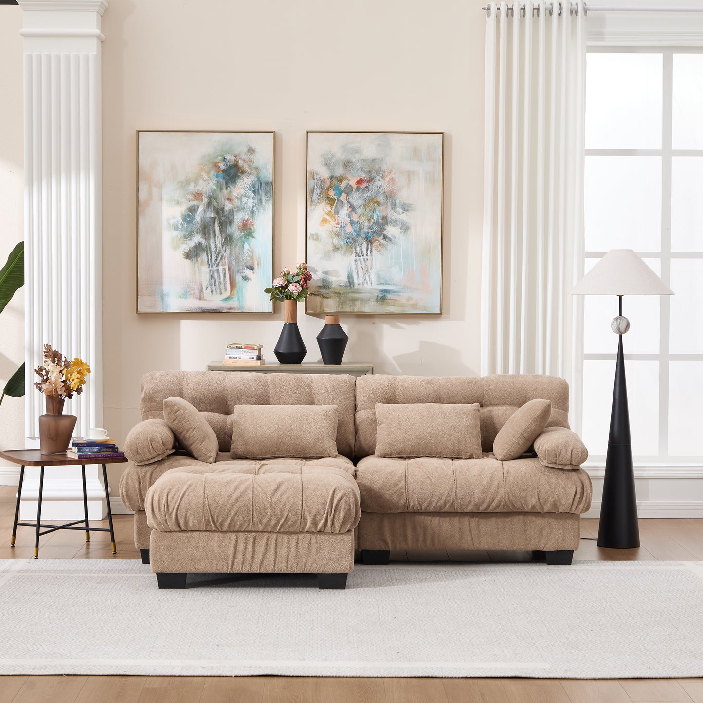 Modular Sectional Sofa Cloud Couch with Ottoman - Light Brown