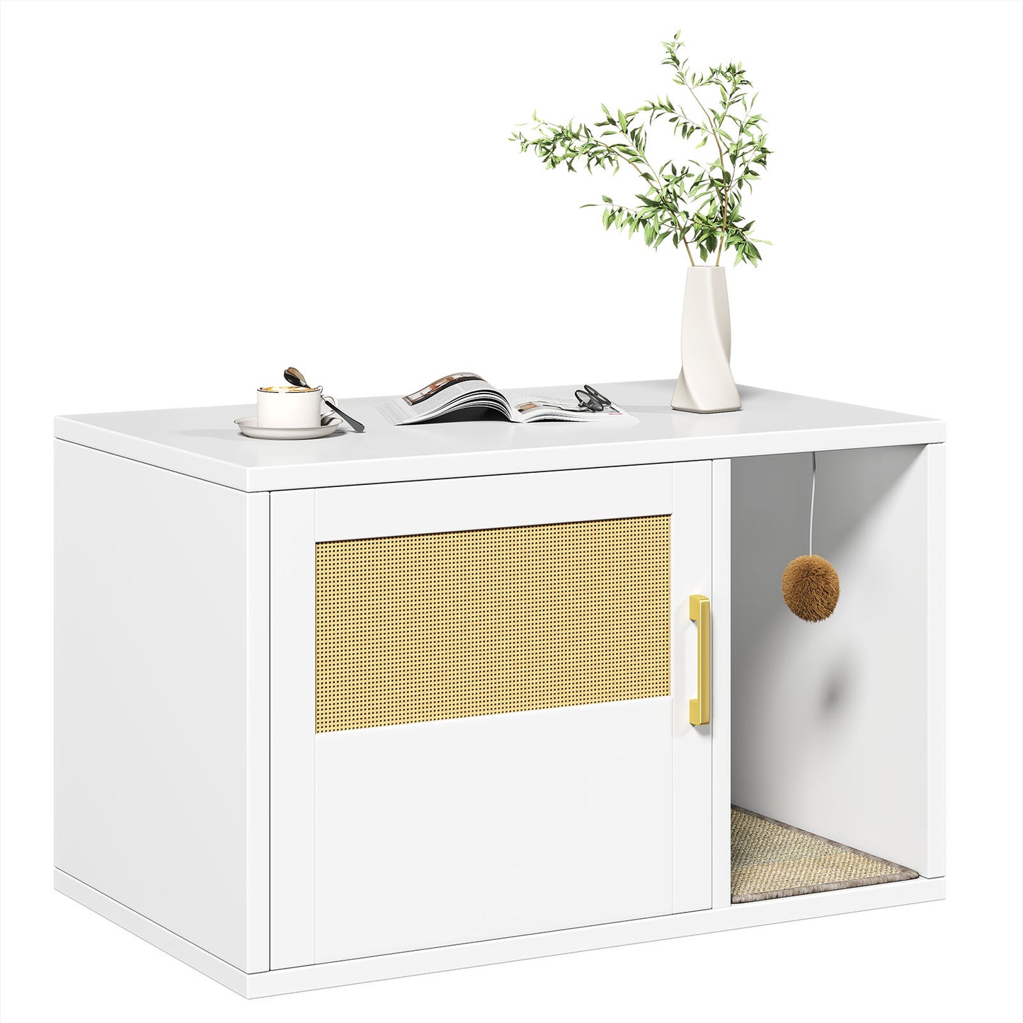 Multifunctional Cat Litter Box Cabinet with Odor Control & Side Table - White