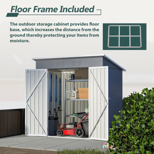 6x4 Outdoor Metal Garden Tool Storage Shed with Lockable Door and Floor Frame - Gray