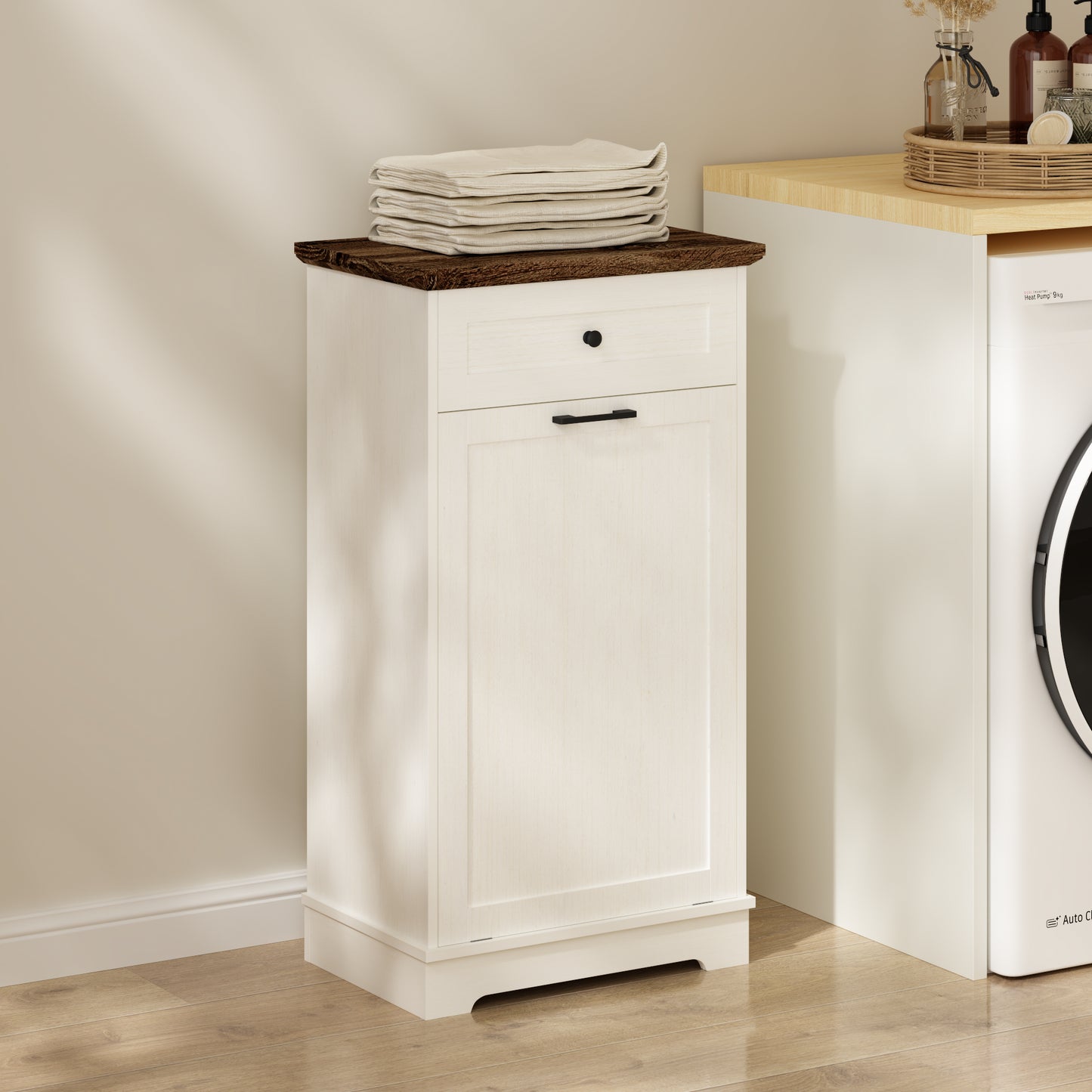 Tilt-Out Trash Cabinet - Freestanding Wood Recycling Bin with Drawer, Antique Brown & White