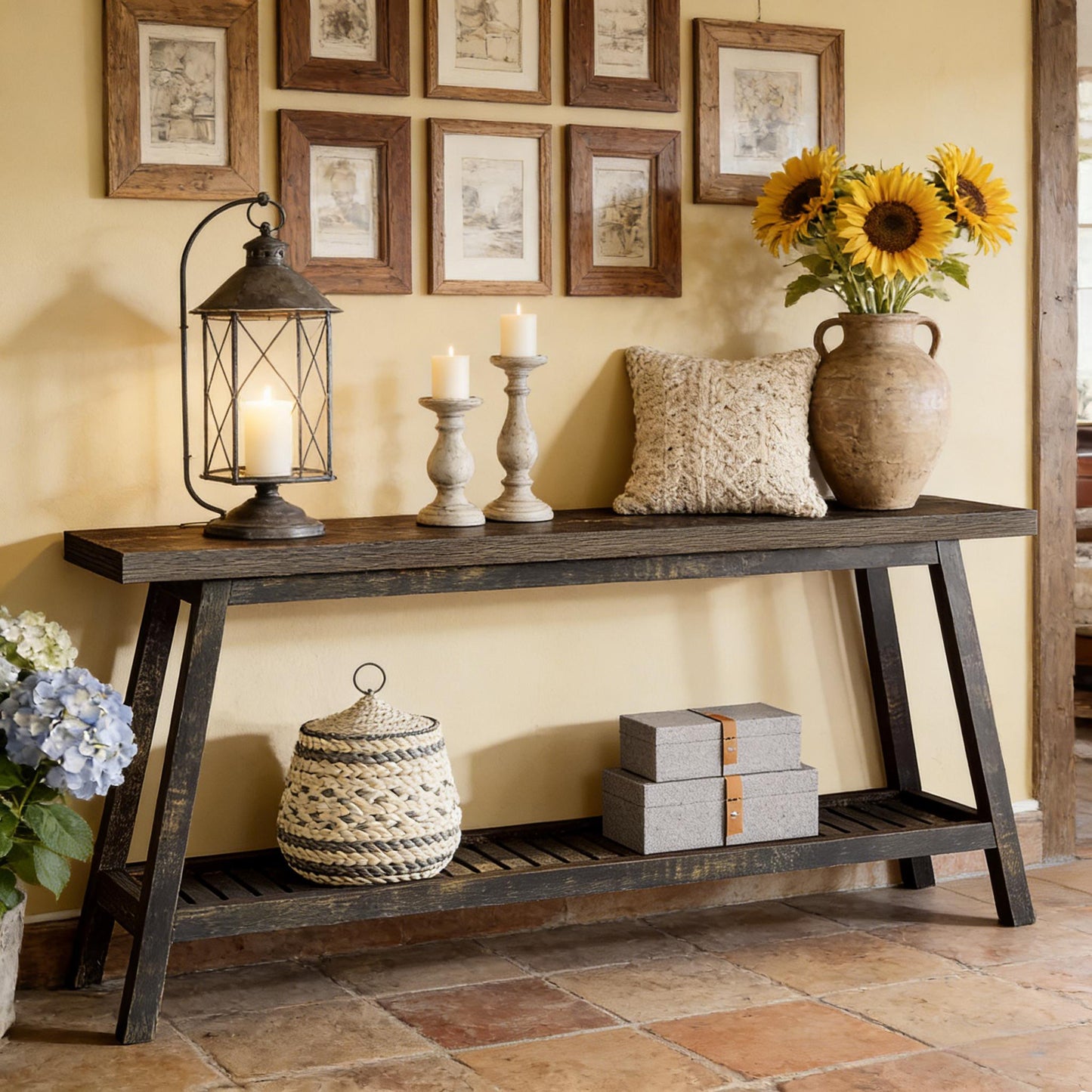 2-Tier Console Table - Rustic Farmhouse Side Table - Dark Brown