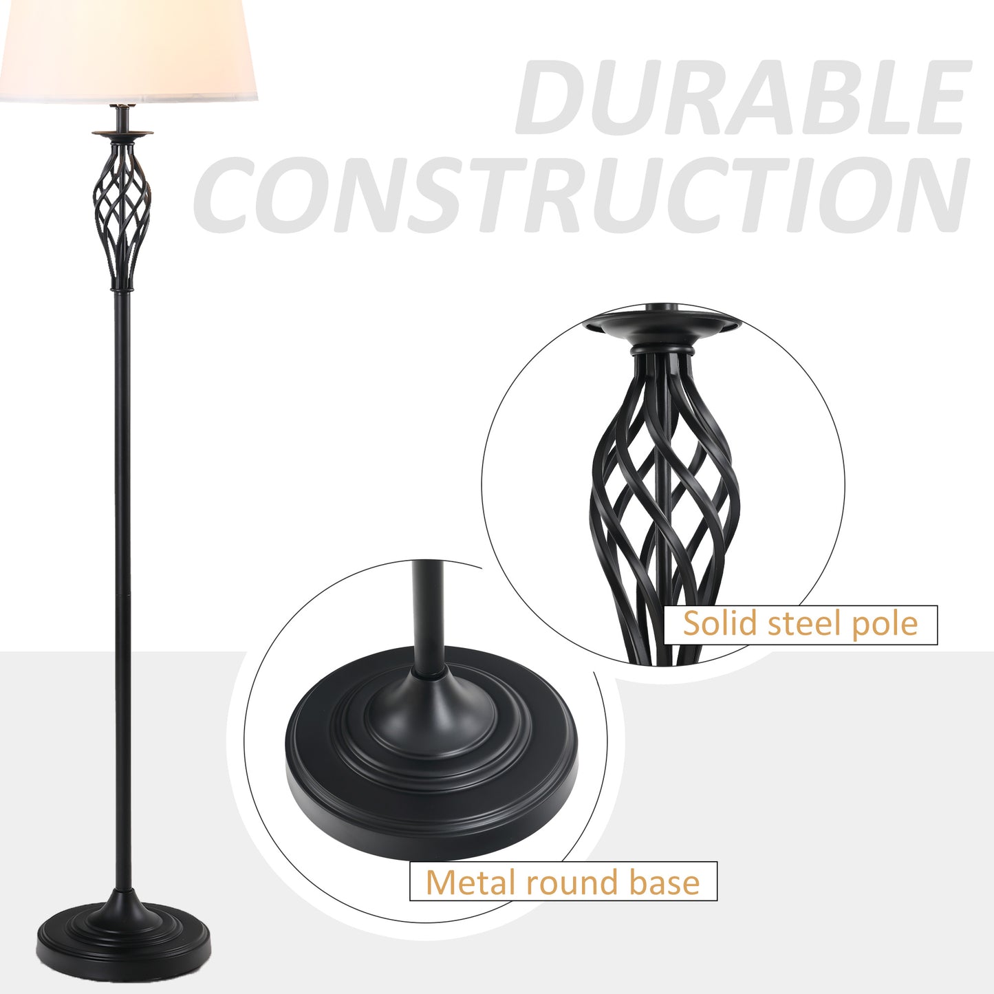 3-Piece Floor and Table Lamp Set with Metal Poles and Fabric Shades for Living Room - Black/White