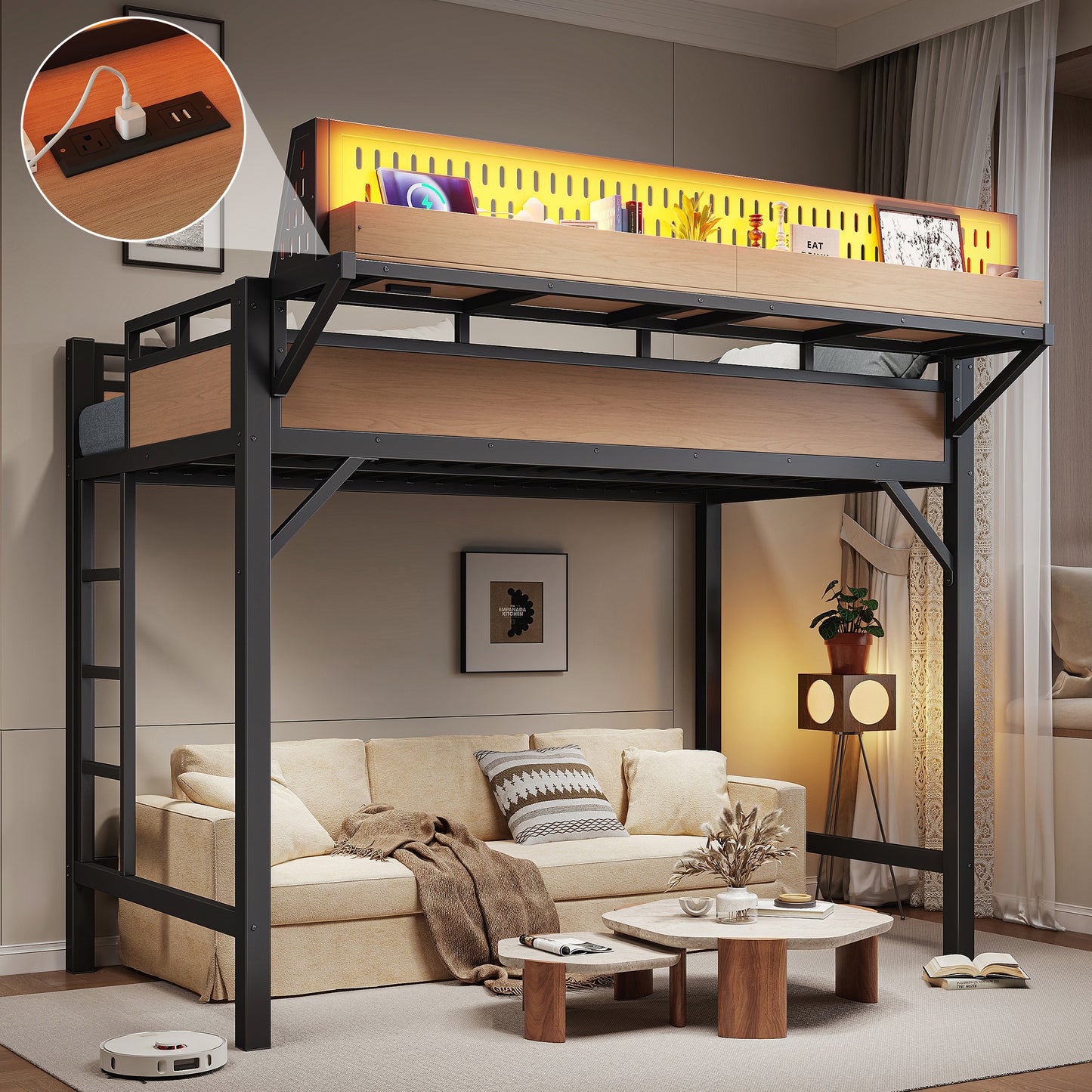 Twin XL Loft Bed Frame with Storage Shelves, USB Ports & LED Lights - Natural