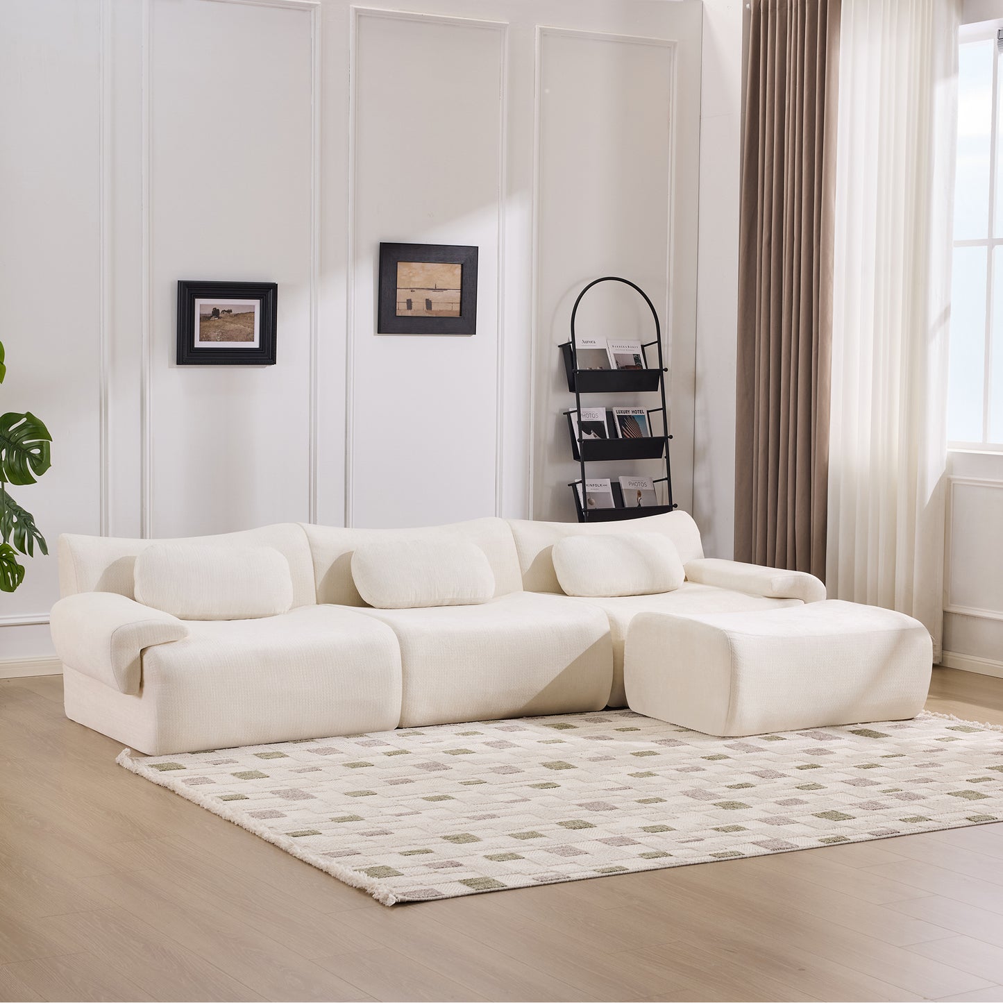 Modular Bamboo Joint Armchair - Extra-Large Chenille Sofa with 3 Pillows - White