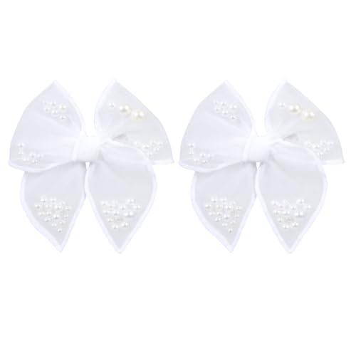 White Pearl Fable Hair Bow Clips for Flower Girls Wedding 4" Mesh Tulle Ribbon Shaker Bow Alligator Hairpins Toddlers Kids Pageant 1st Communion Party Dress Decor Accessory Gift
