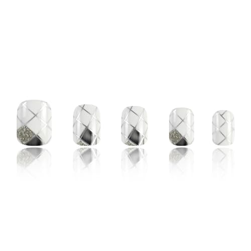 Silver Press on Nails Short Square Fake Nails Glossy White Acrylic Nails with Plaid Line Design Squoval False Nails Full Cover Glue on Nails for Women Girls Nails Decoration 24 Pcs