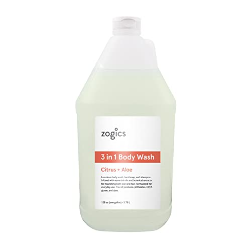 Zogics 3-in-1 Body Wash ? Body Soap, Shampoo, and Hand Soap Liquid Refill All-in-One, Hydrating Plant-Based Formula, Refreshing Citrus + Aloe Scent (4 Gallons/Case)