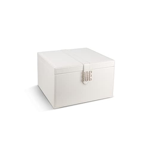 Glenor Co Makeup Organizer - Extra Large Exquisite Case w Modern Closure, 4 Drawer Trays & Full Mirror - Huge Cosmetic Storage Jewelry Box for Dresser, Counter-top & Vanity - PU Leather - White