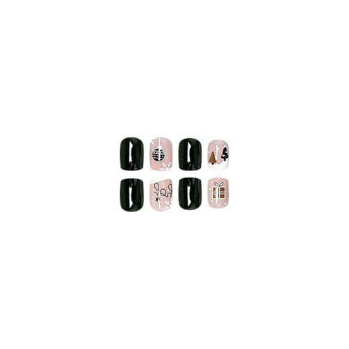 24 Pcs YEFIUO Christmas Green Press on Nails Short Square Xmas Cute Pink Fake Nails Press ons Nail Art Tip Full Cover Acrylic False Nails Glue on Nails Stick on Nail with Christmas Tree Lantern Design