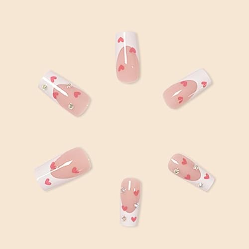 Valentines Long Press on Nails White French Tip Long Fake Nails Coffin Square White False Nails with Red Heart Deign Acrylic Nails Press on Artificial Nails Stick on Nails For Women-24Pcs