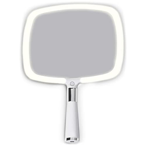 MIRRORVANA Lighted Travel Hand Mirror with Comfy Handle and Detachable Stand - Portable, Thin and Lightweight Design - Rechargeable with 3 LED Light Settings - 9" x 13" (White)