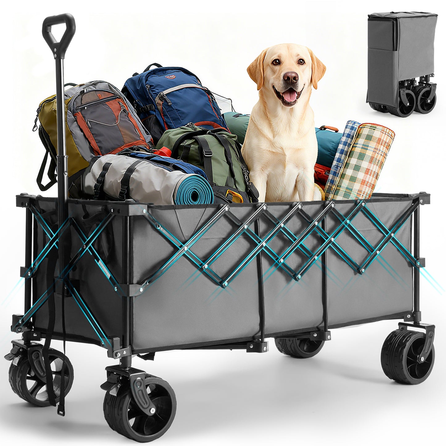 Folding Wagon Cart - 300L Capacity, 440lb Load, All-Terrain Wheels