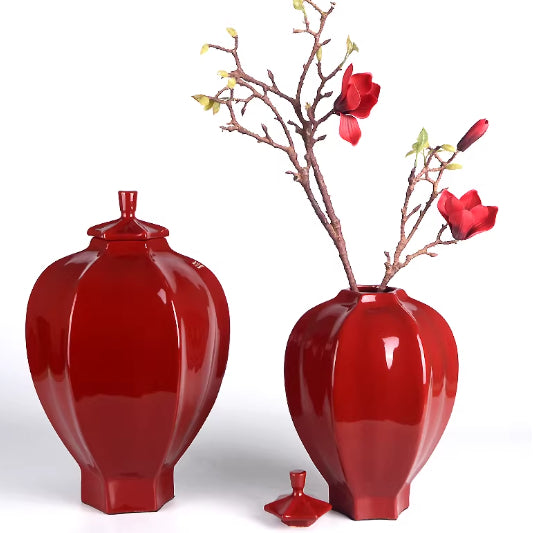 Red Hexagonal Ceramic Vase Ornament - Small & Large Sizes