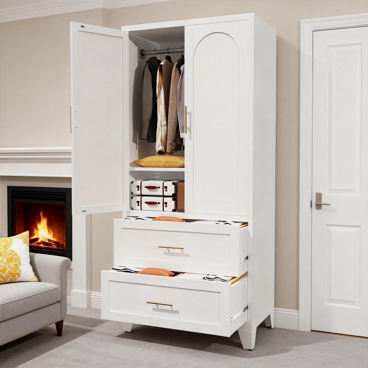 71-Inch Tall Metal Wardrobe Cabinet with 2 Drawers and Shelf - White