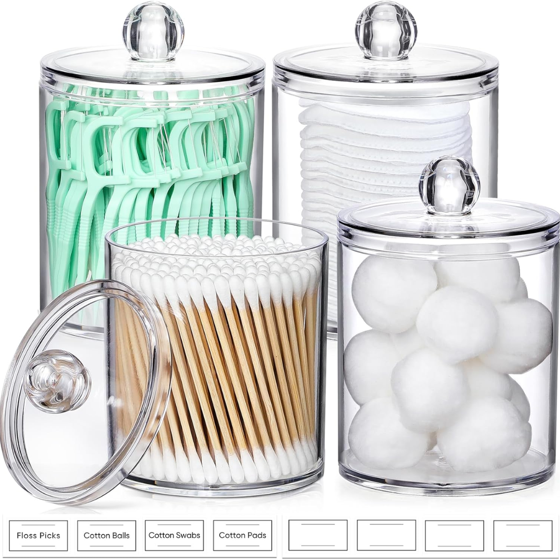 4-Pack Clear Acrylic Qtip Holder Dispenser Set - Bathroom Storage