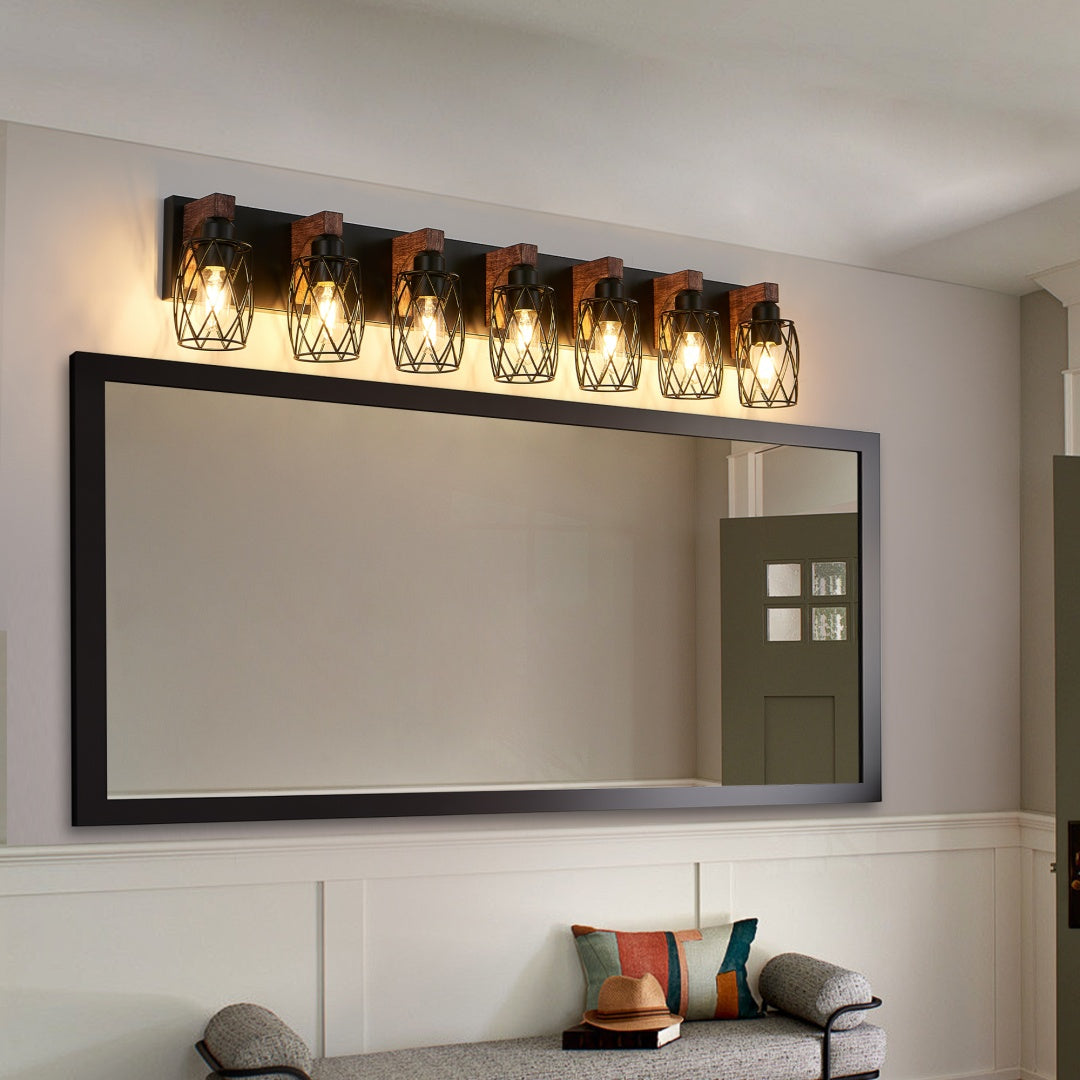 Vintage Industrial 7-Light Wall Sconce - Black Cage & Wood Accents
