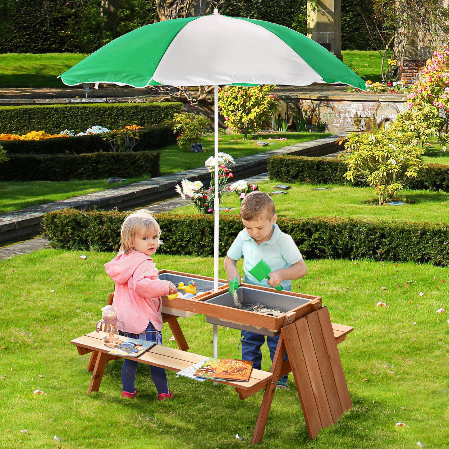 Kids 3-in-1 Wooden Sand and Water Table with Umbrella - Natural