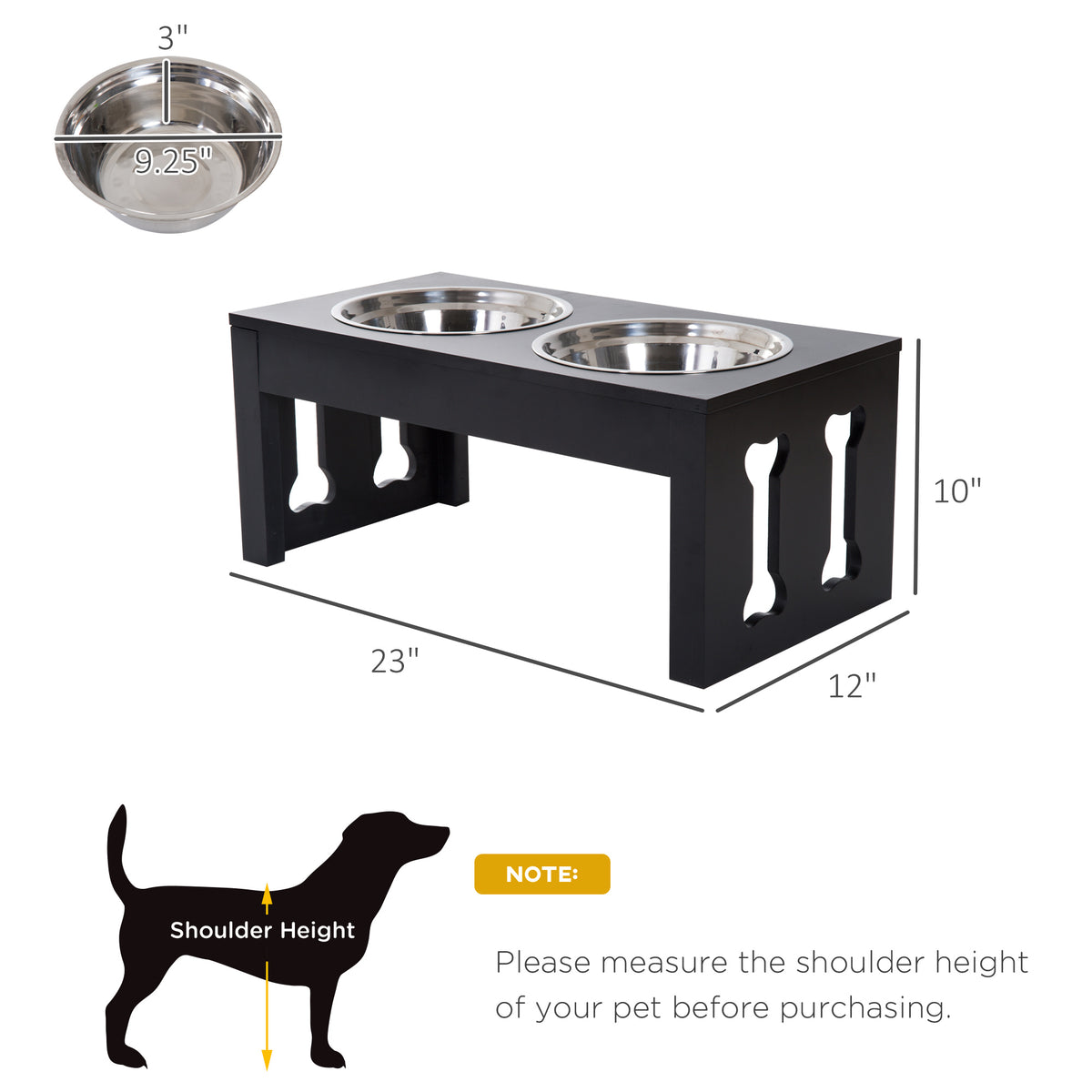 23-Inch Modern Elevated Dog Bowl Set with Stainless Steel Bowls - Black