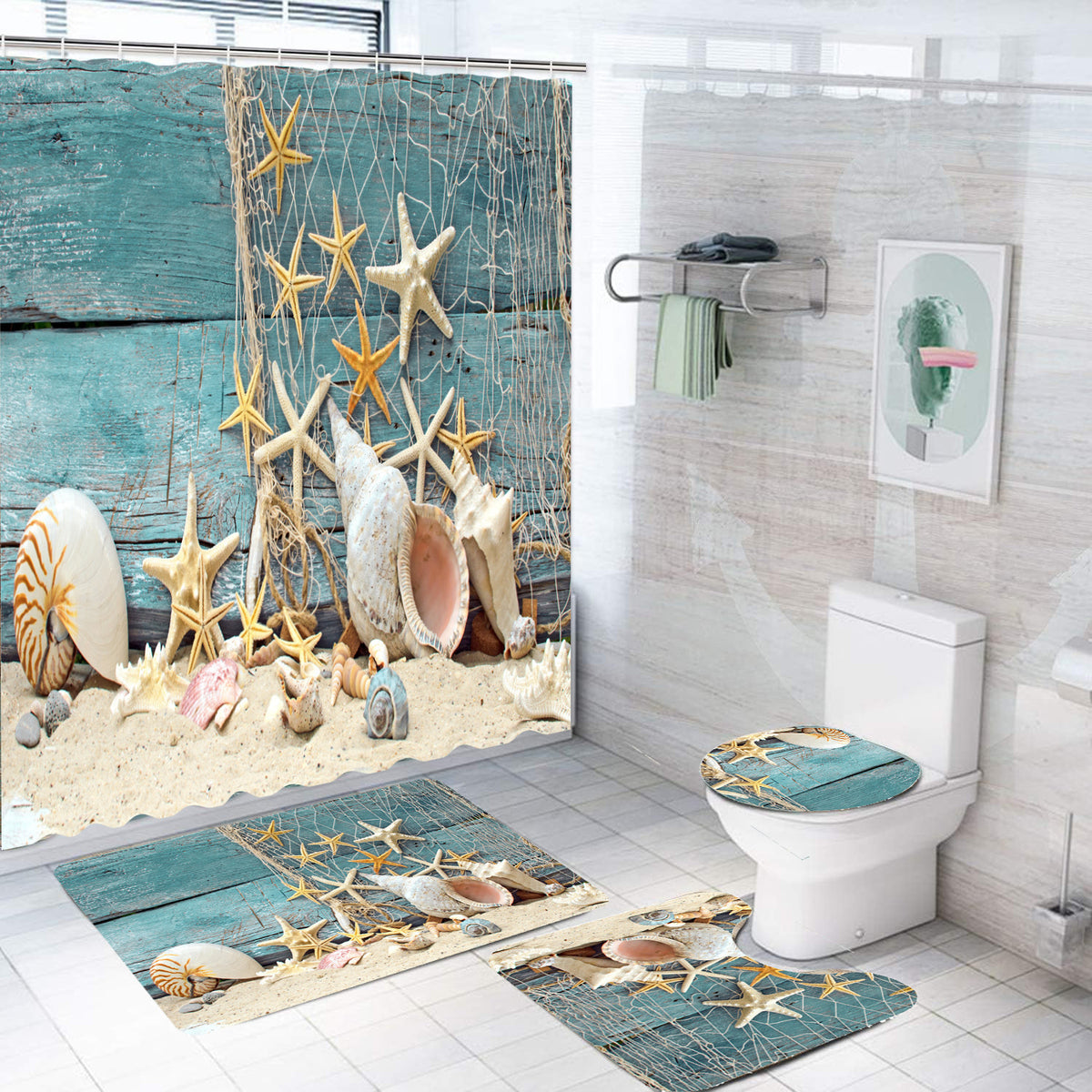 Bathroom Shower Curtain and Floor Mat Set Ocean World Printing - 4 Piece