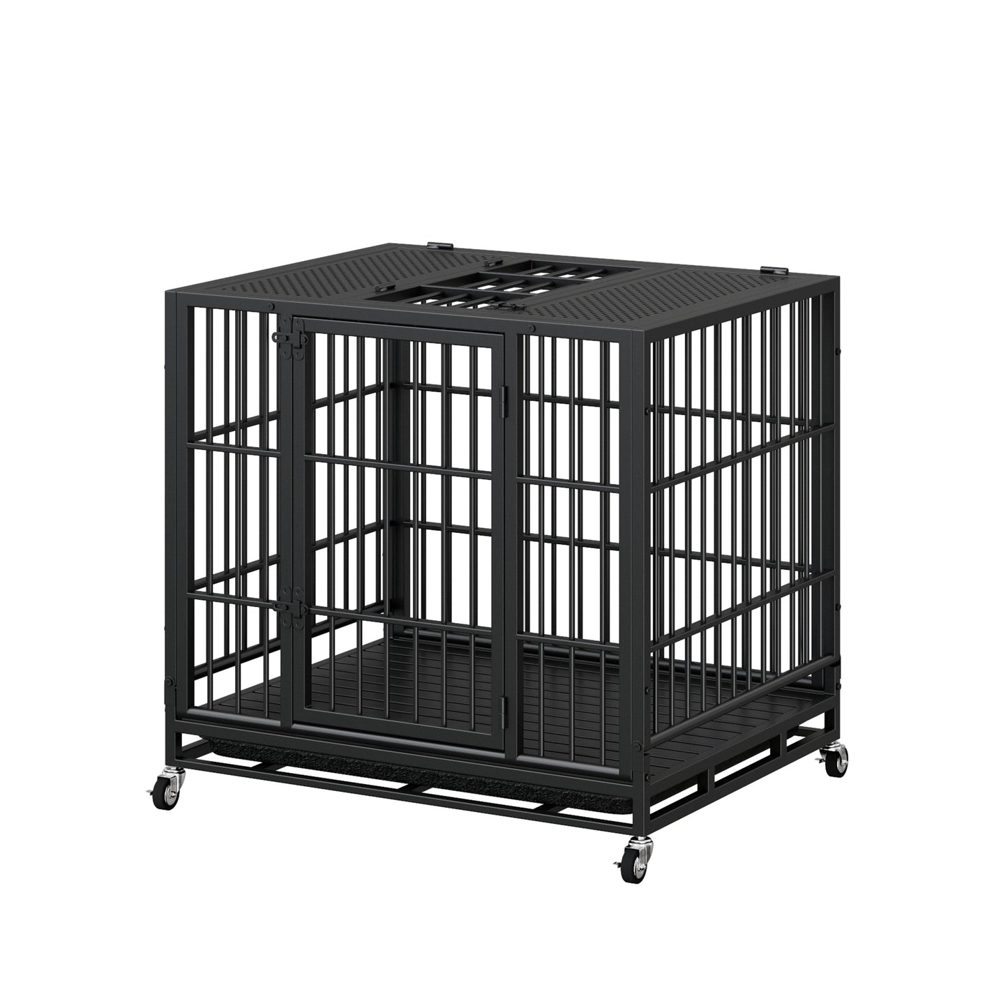 Heavy Duty Dog Crate with Lockable Wheels - Indoor Outdoor Metal Kennel, Perforated Top