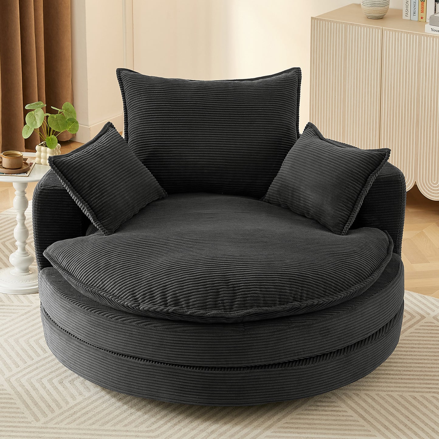 Oversized 360° Swivel Chair with Dual-Layer Cushions - Black