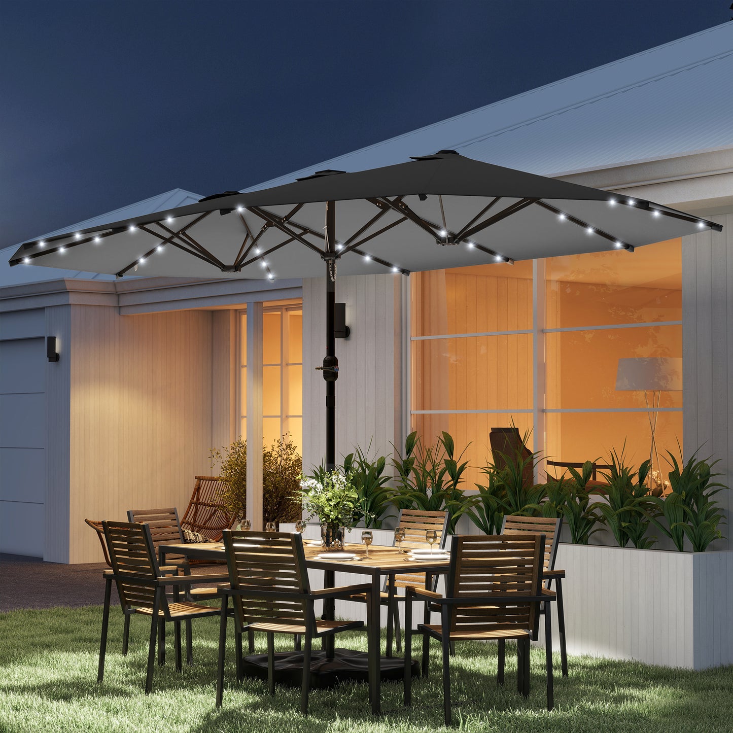 Double-Sided 14.4ft Garden Parasol with Solar LED Lights - Gray
