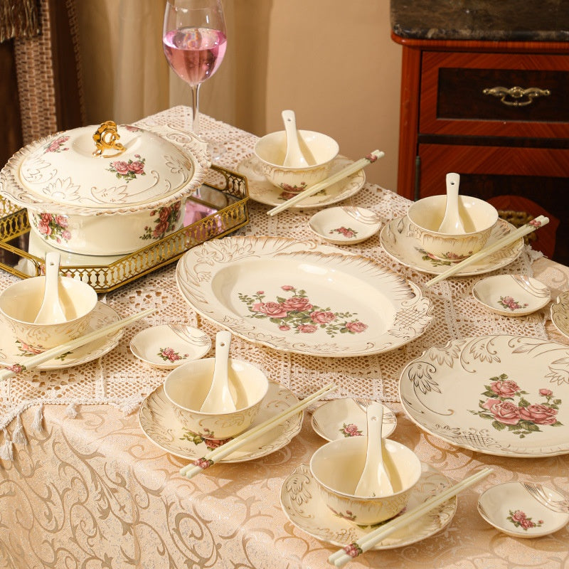 European-Style Ceramic Rice & Soup Bowls Set of 2 - Flower Pattern, Retro Kitchen Tableware