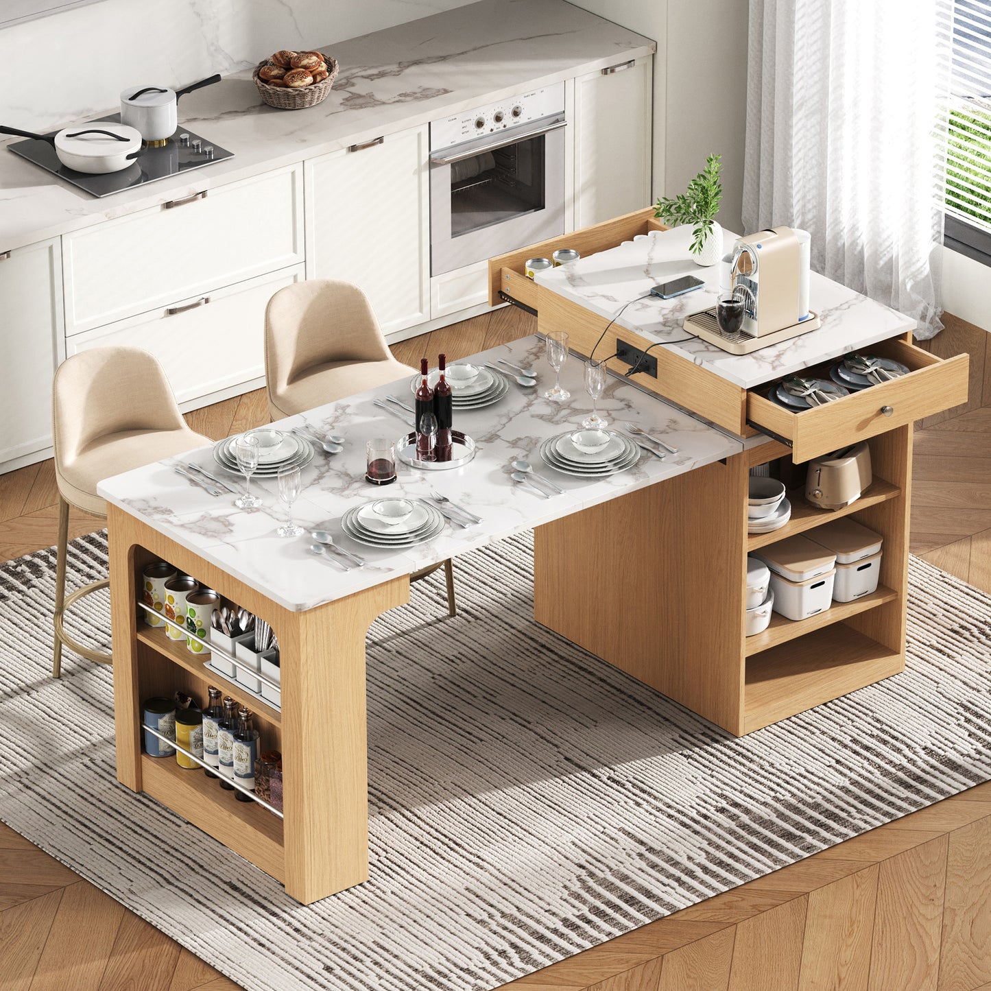 59.5 Kitchen Island With Extendable Dining Table,Kitchen Storage