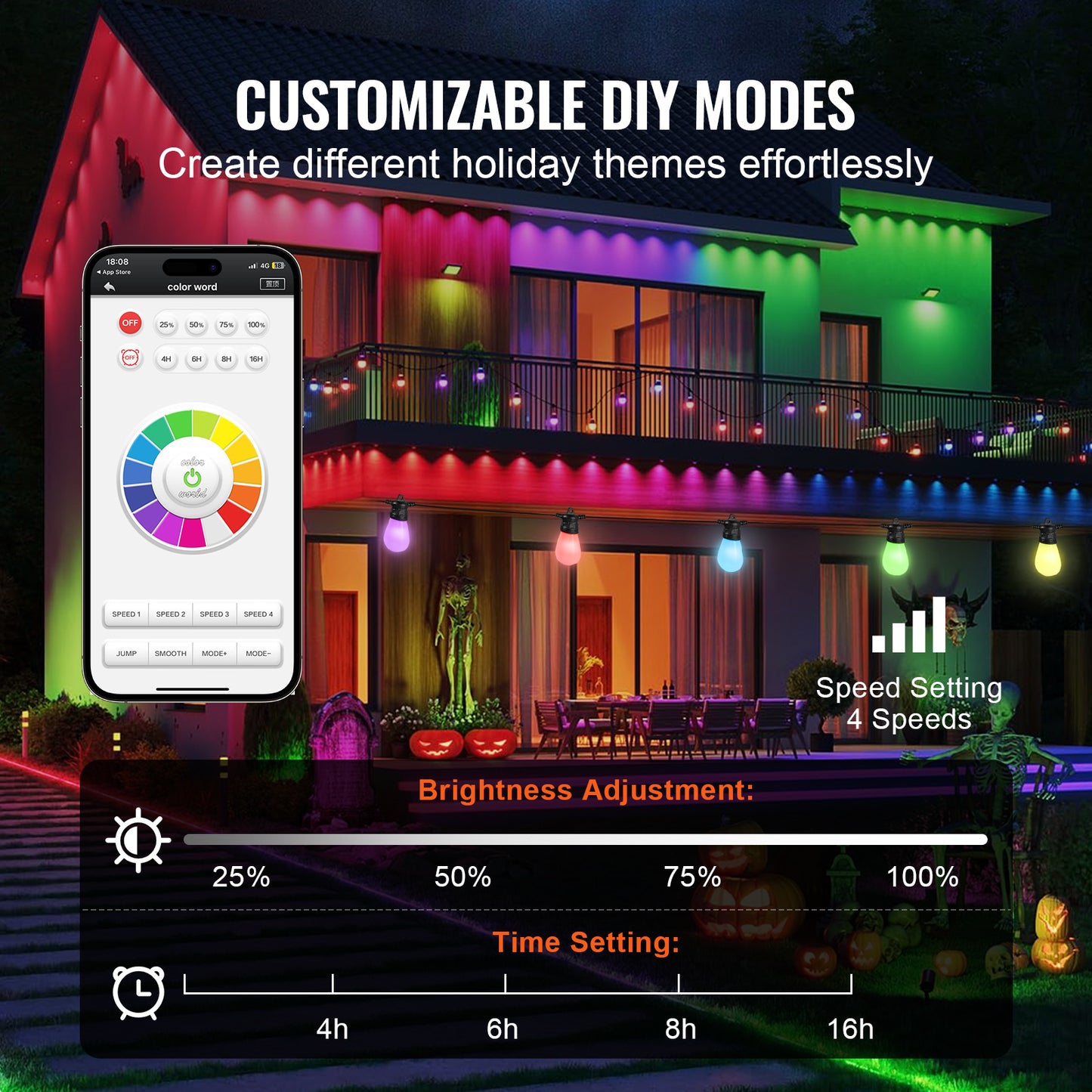 Outdoor String Lights 50FT Waterproof APP Control Bulb Set for Patio & Holiday Decor