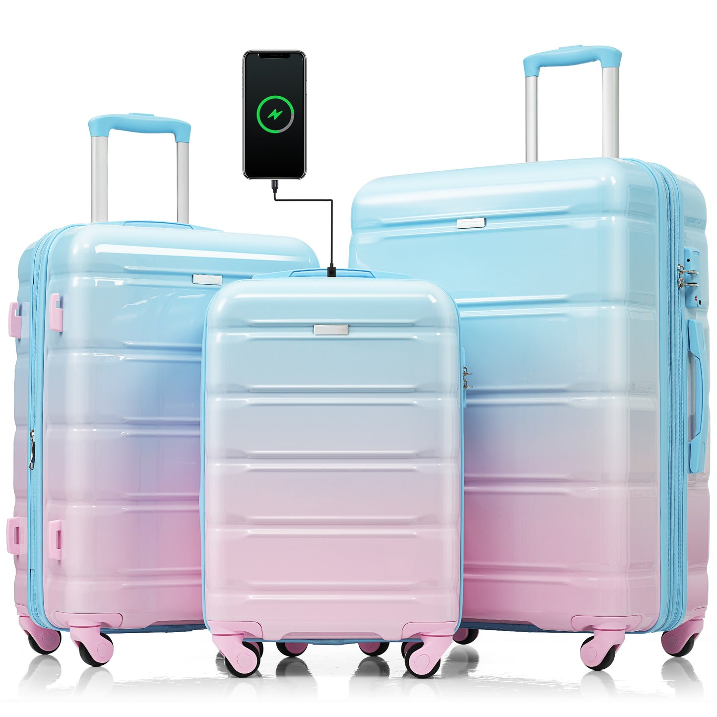 20-Inch Luggage Set with USB Port - 3-Piece Hard Shell in Blue & Pink