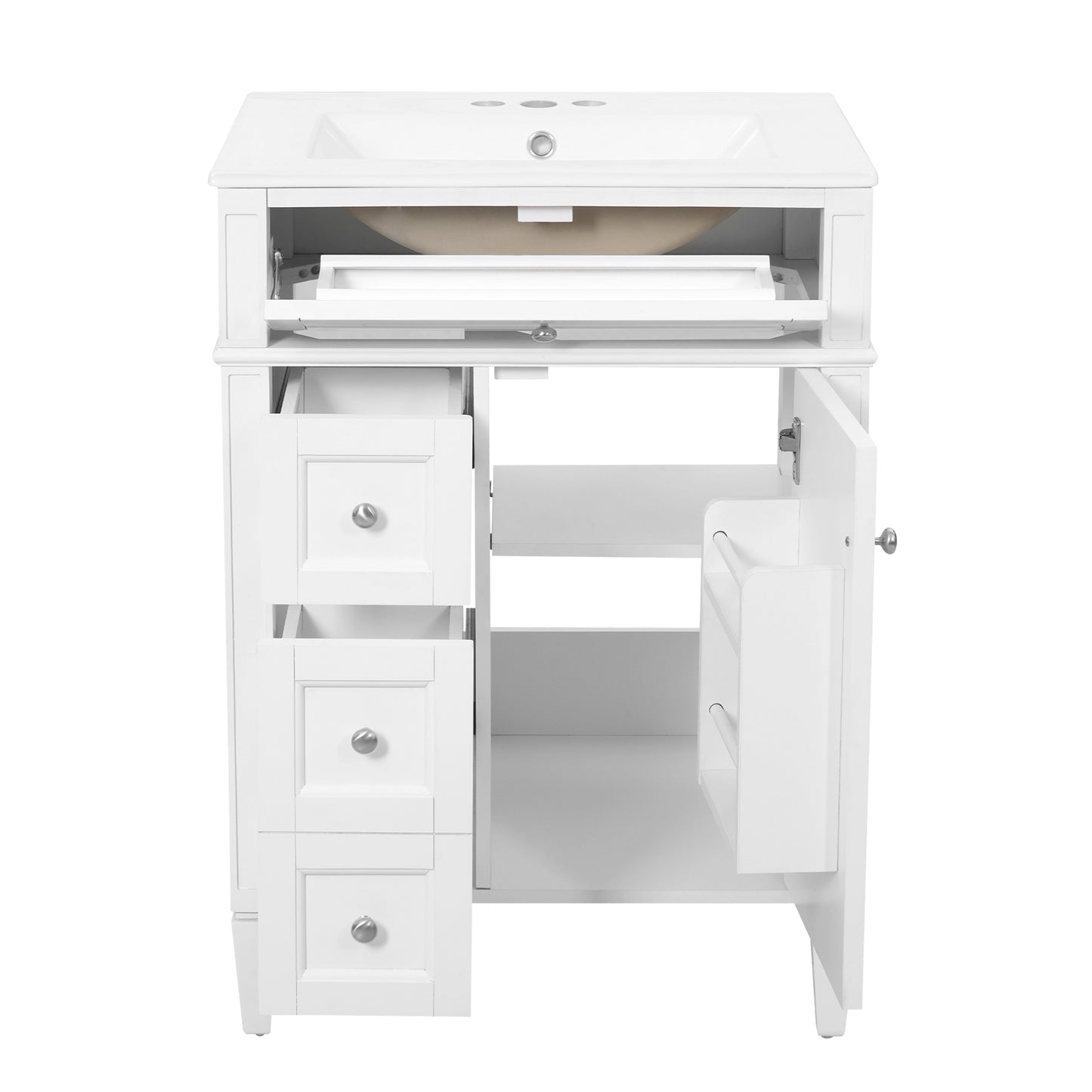 24-Inch Modern Bathroom Vanity with Ceramic Sink & 3 Drawers - White