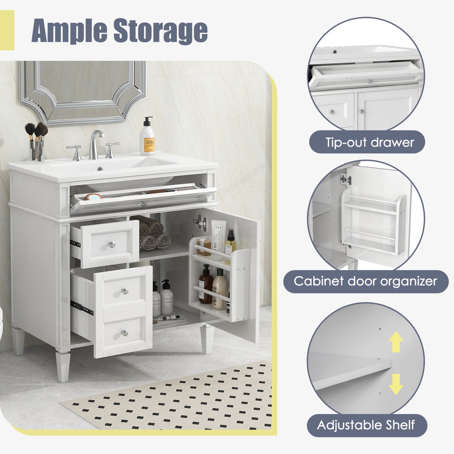 30'' Modern Bathroom Vanity with Sink & Storage - White