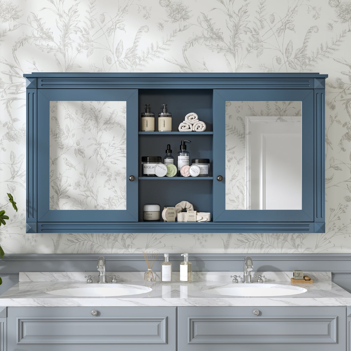 55 Inch Wall-Mount 2-in-1 Mirror Cabinet With Adjustable Shelves,