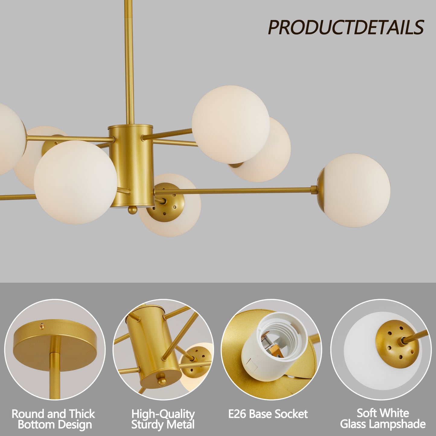 8-Light Gold Chandelier with White Glass Globe Shades - Modern Design