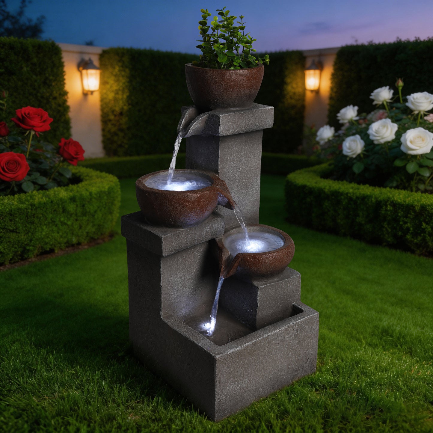 Outdoor Tiered Water Fountain with LED Lights Resin Garden Decor 23in
