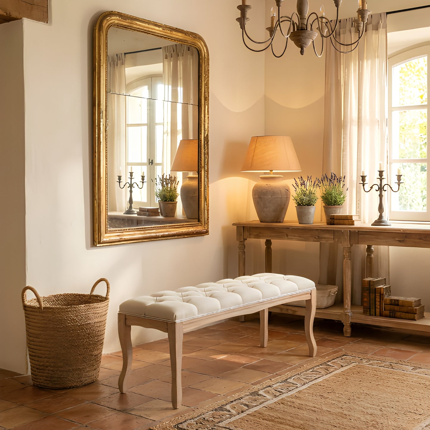 French Vintage Tufted Upholstered Bedroom Bench - Beige